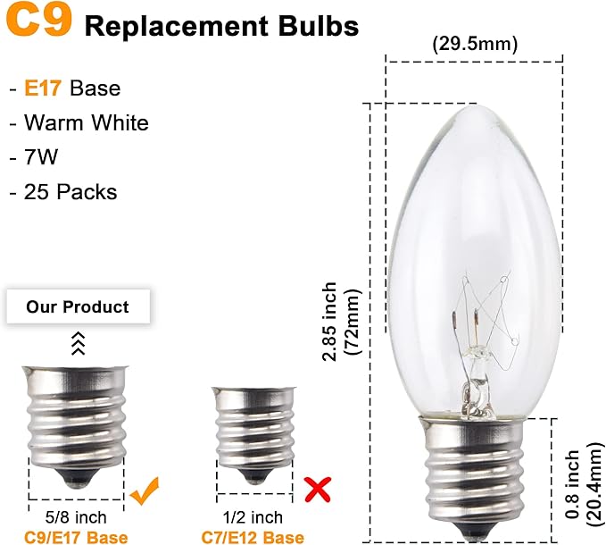 25 Pack C9 Incandescent Bulbs, C9 Replacement Clear Bulb for Christmas String Light, Indoor Outdoor Holiday Decor, E17 Intermediate Base, 7 Watt, Warm White