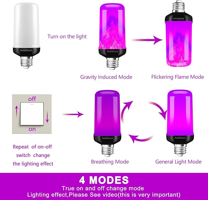 Flame Light Bulbs, 4 Modes LED Flame Effect Light Bulb, E26 Base Flickering Light Bulb with Gravity Sensor,Flickering Light Bulbs Halloween Home Party (Purple-2 Pack)