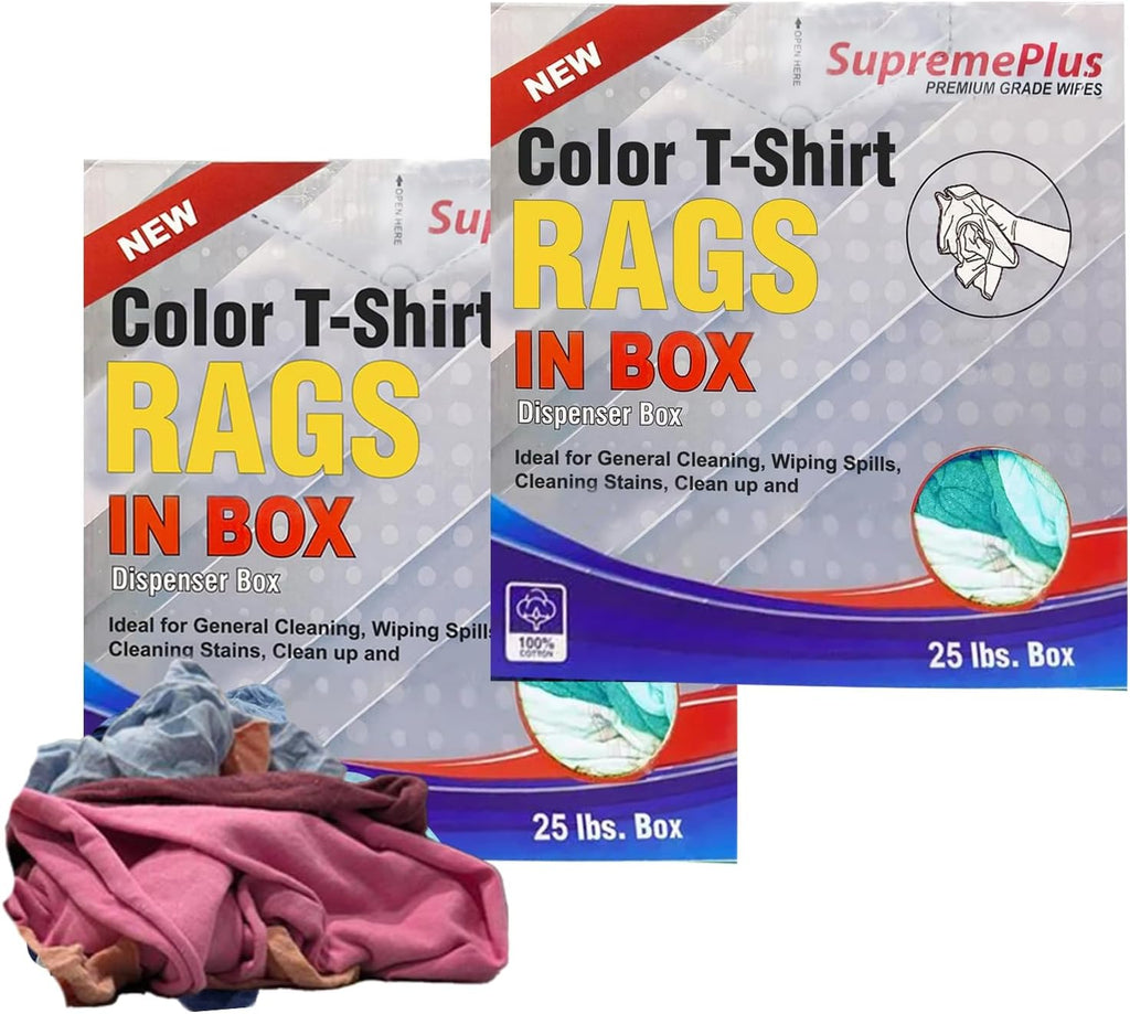 Premium Color Knit Cleaning Rags (2 x 25 lbs. Compressed Box) – Shop Rags Bulk for Workshops, Mechanics, Painters, and Home Use, Multipurpose Cotton T-Shirt Rags