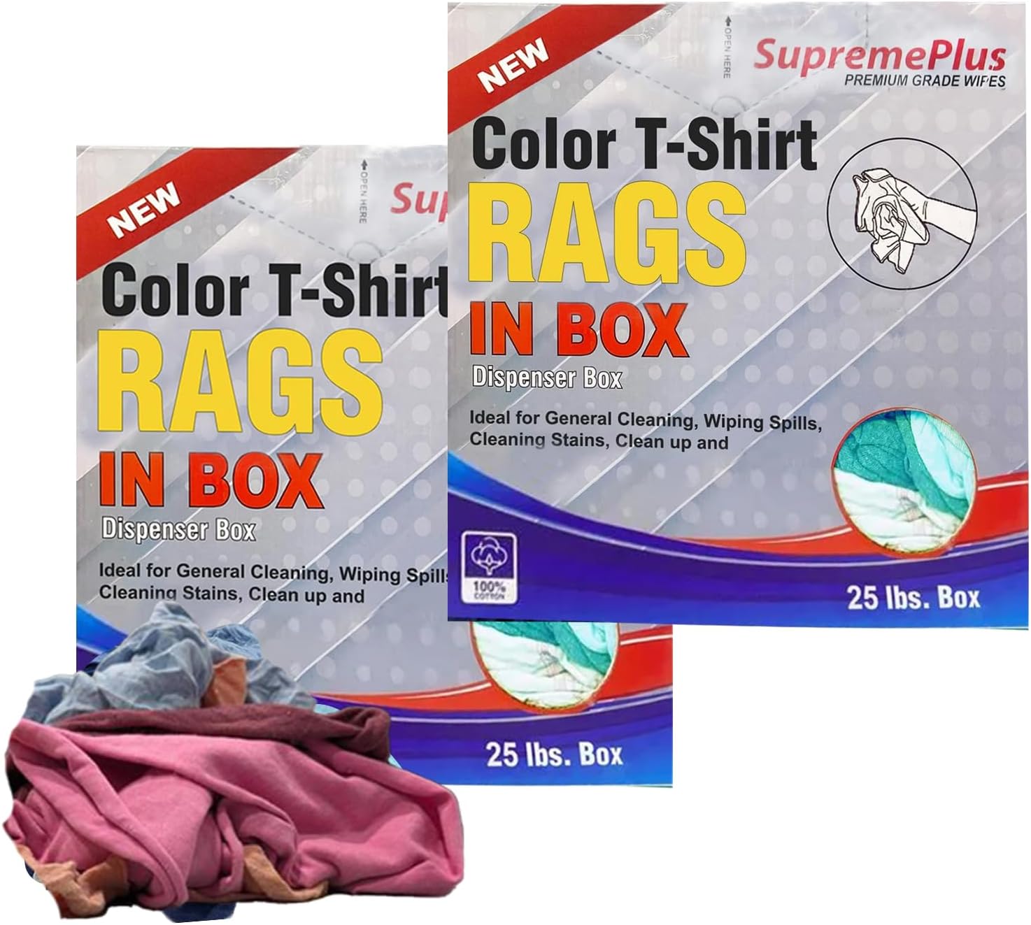 Premium Color Knit Cleaning Rags (2 x 25 lbs. Compressed Box) – Shop Rags Bulk for Workshops, Mechanics, Painters, and Home Use, Multipurpose Cotton T-Shirt Rags