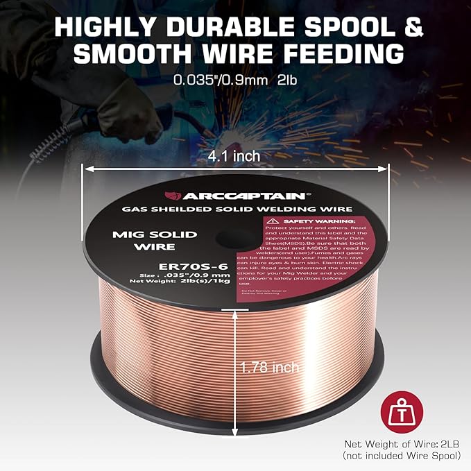 ARCCAPTAIN Mig Welding Wire, Mig Wire ER70S-6 2Lbs Gas Solid Carbon Steel Low Splatter Mig Welding Wire Compatible With Lincoln Miller Forney Harbor Welder 1KG (0.035" 2Lb)