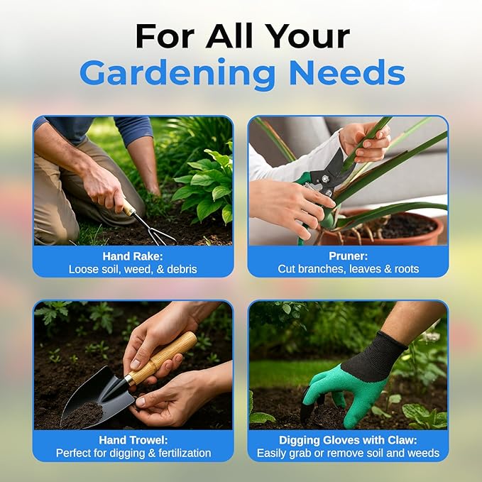 Scuddles 9-Piece Garden Tool Set – Heavy Duty Stainless Steel Gardening Tools with Non-Slip Rubber Grip Handles, Weed Puller Tool, Garden Gloves with Fingertip Claws, and Reinforced Storage Tote Bag