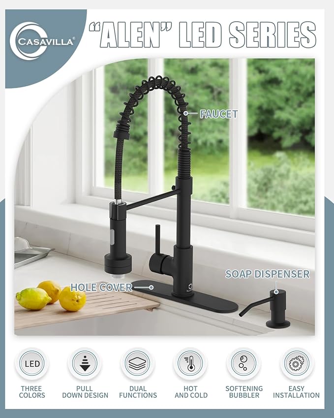 Black Kitchen Faucet with LED light,Kitchen Faucet with Soap Dispenser,Faucet for Kitchen Sink,Single Handle Stainless Steel Kitchen Sink Faucets with Pull Down Sprayer,Camper Farmhouse RV Sink Faucet