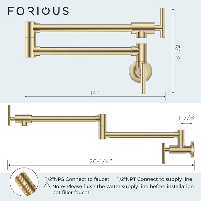 FORIOUS Gold Pot Filler Faucet Over Stove, Solid Brass Modern Wall Mount Commercial Folding Faucet with Stretchable Double Joint Swing Arms for Kitchen Restaurant