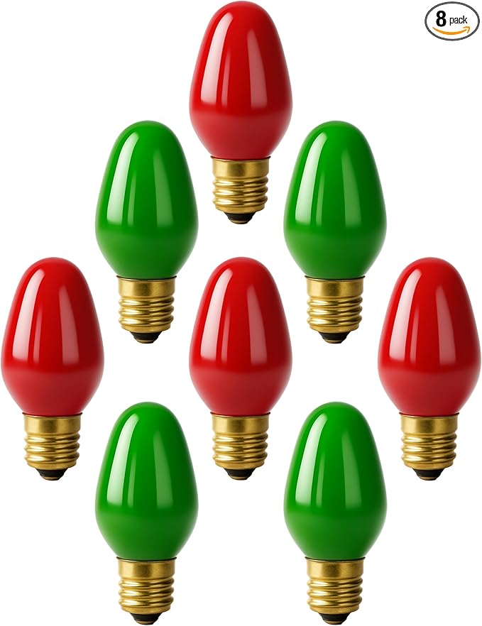 OHLECTRIC Night Light Bulbs (8 Pack – 4 Green & 4 Red), 7 Watt Mini Bulbs – E12 Candelabra Base, Non-Dimmable, 120V – C7 Night Light Lamp Replacement Bulb for Salt Lamps, Window Candles, Holiday Decor