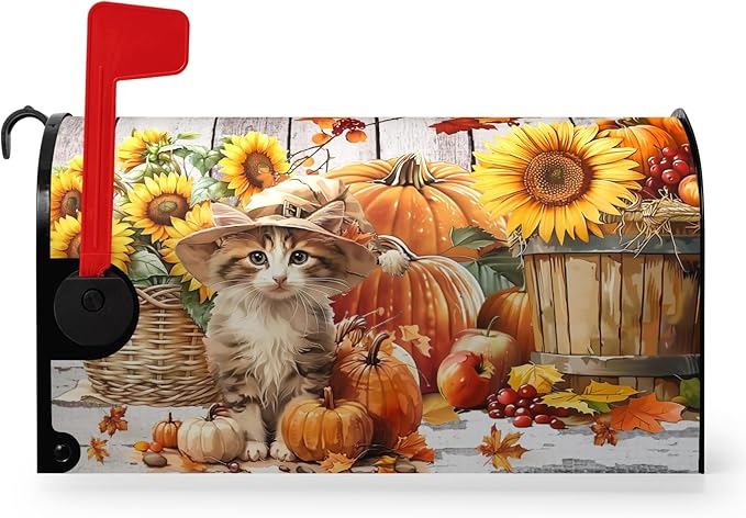 Fall Pumpkin Sunflower Mailbox Covers Magnetic 21x18 Inch Cute Cat Autumn Harvest Mailbox Cover Thanksgiving Post Letter Box Wraps Standard Size Garden Farm Outdoor Yard Decor