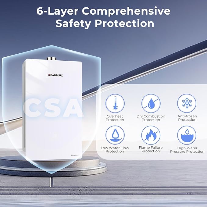 CAMPLUX Climatech 7 Tankless Water Heater Gas 3.6 GPM, 85,300 BTU On Demand Instant Hot Water Heater Natural Gas Tempered Glass Panel, Indoor Installation, CA360WNG