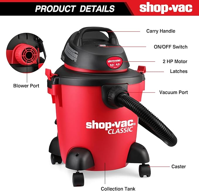 Shop-Vac 5 Gallon 4.5 Peak HP Wet/Dry Vacuum, Portable Heavy-Duty Shop Vacuum 3 in 1 Function with Attachments for House, Garage, Car & Workshop, 5971536