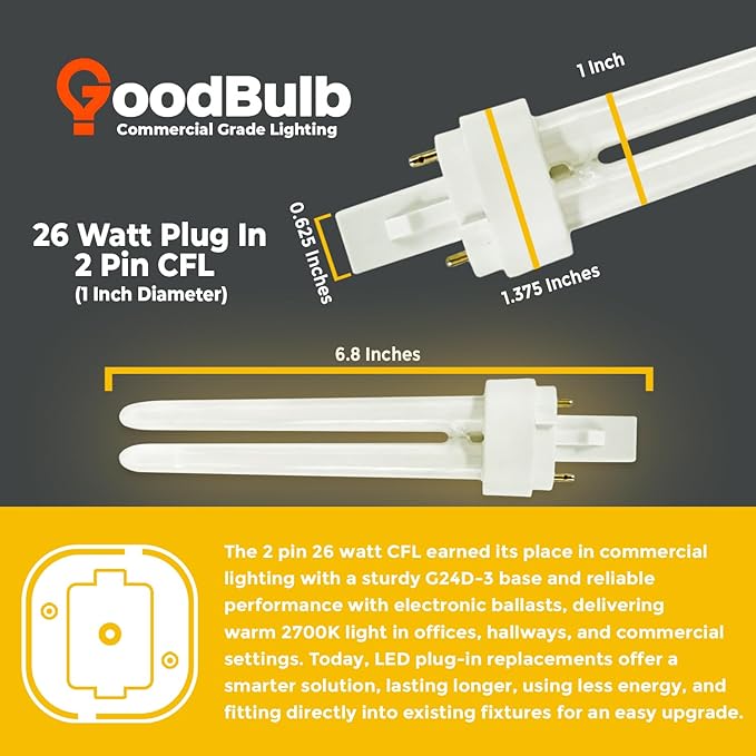 GoodBulb 26 Watt CFL Light Bulbs 2 Pin G24D-3 Base 2700K Soft White 26W High Output 1800 Lumens Double Tube Compact Fluorescent Light Bulbs Plug-in 10 Pack