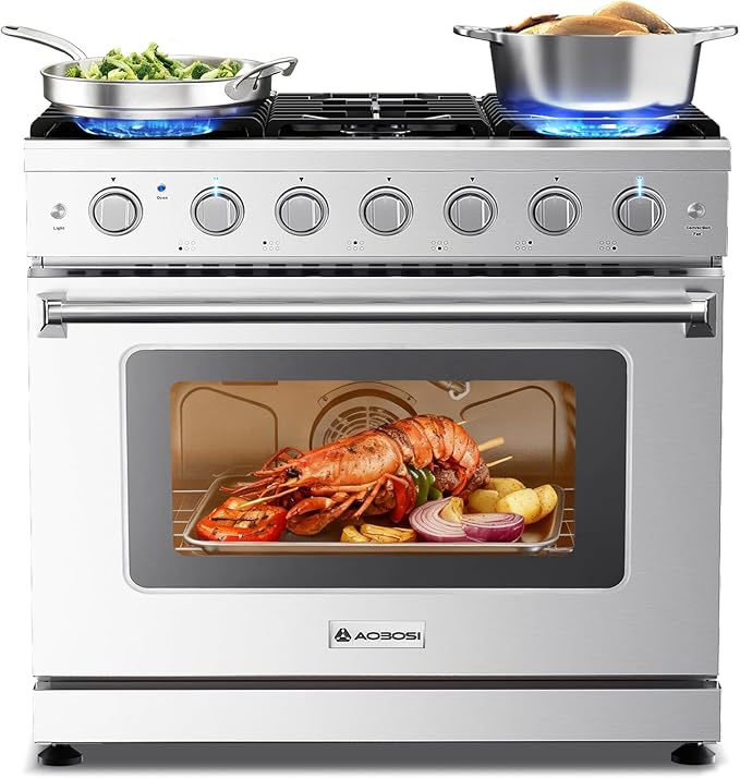 AAOBOSI 36 Inch Front Control Gas Range Oven with 6 Cooktop Burners, 6 Cu. Ft 18000 BTU Convection and Self Clean, Freestanding Heavy Duty Gas Range Stove with Halogen Light,Large Capacity,Silver
