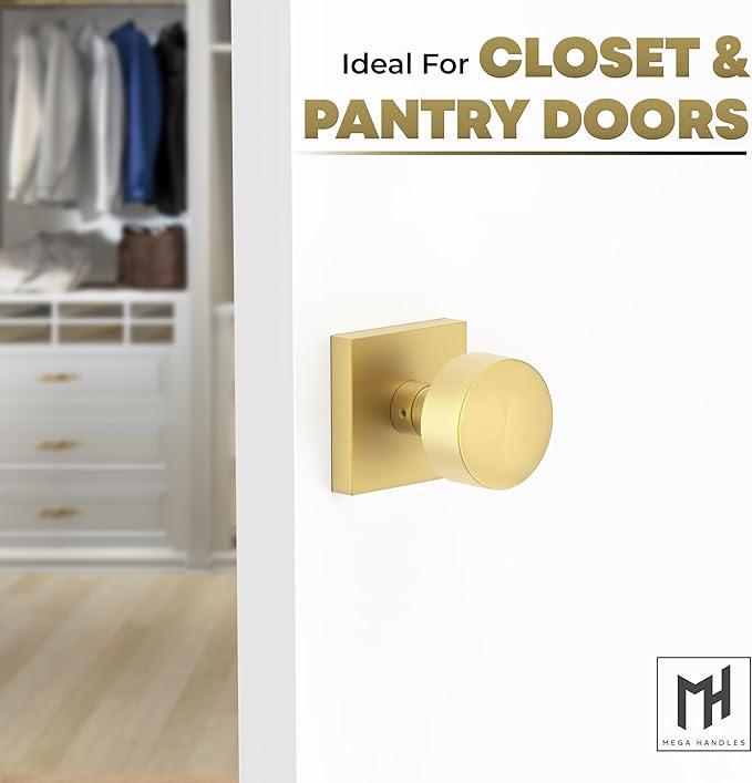 Mega Handles SUANA Dummy Door Knob for Hallway, Closet and Bathroom, Reversible Heavy Duty Design Door Knobs, Fits All Standard Door Sizes, Screws Included - Satin Brass (2 Pack)