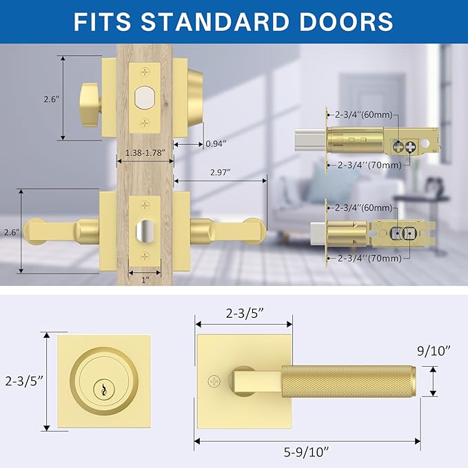 Amerdeco Front Door Lock Set with Double Cylinder Deadbolt, Exterior Entry Door Lever, Heavy Duty Entry Door Locksets for Left or Right Hand Exterior Door（Brushed Gold 2 Pack）