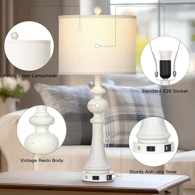 28" Farmhouse Table Lamps Set of 2, Vintage Bedside Lamps with USB A+C Charging Ports & AC Outlet, 3-Way Dimmable Touch Control Nightstand Lamp for Living Room Bedroom Wash White(2 LED Bulbs Included)