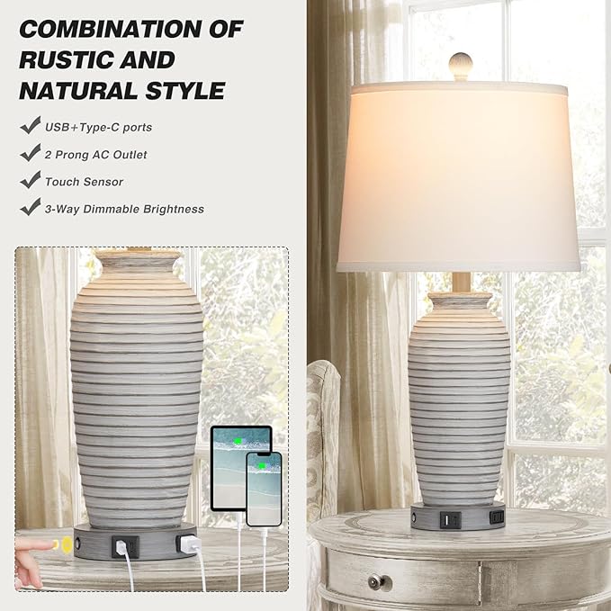 25" Farmhouse Jar Table Lamps Set of 2, 3 Way Touch Control Rustic Bedside Lamps with USB A+C Ports & AC Outlet, Pot Nightstand Lamps for Bedroom Living Room (LED Bulbs Included)
