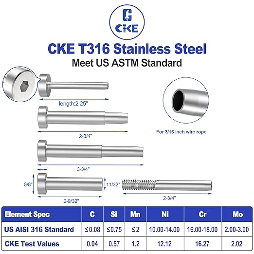 CKE 20 Pairs Invisible Cable Railing Kit, 3/16" Invisible Receiver and Swage Stud End for 2"x2", 4"x4" Wood/Metal Post, T316 Stainless Steel Invisible Deck Stair Cable Railing Hardware Tensioner CR31
