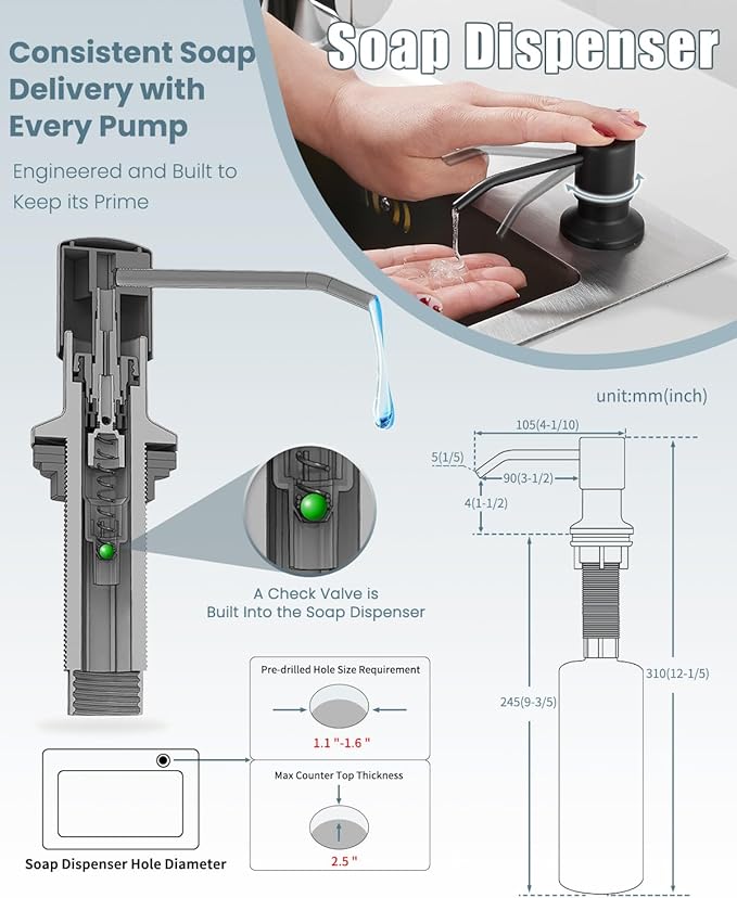 Black Kitchen Faucet, Kitchen Faucet with Soap Dispenser, Faucet for Kitchen Sink, Single Handle Stainless Steel Kitchen Sink Faucets with Pull Down Sprayer, Camper Farmhouse RV Sink Faucet