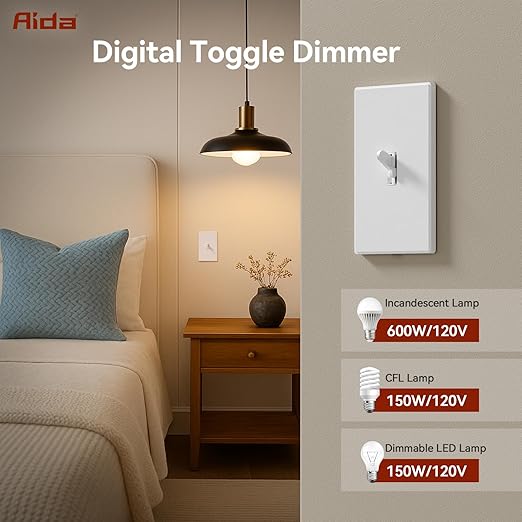 AIDA Digital Toggle Dimmer Switch for Dimmable LED, CFL & Incandescent Bulbs, Single Pole/3-Way, Screwless Wall Plate Included, UL Listed, No Neutral Wire Needed, Matte White (10 Pack)