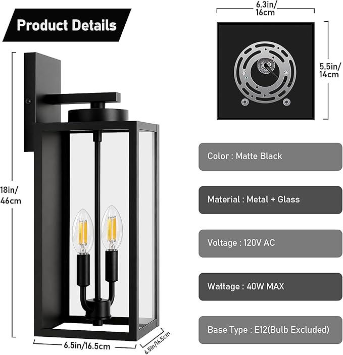 18in Large Outdoor Wall Light Fixtures, Exterior Lighting Fixtures Porch Sconces Wall Mounted, Waterproof Black Outdoor Wall Lanterns Lamps, Outside Lights for House Patio Front Door Entryway, 2-Pack