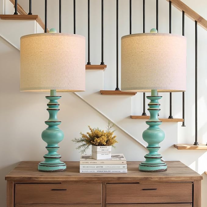 BOBOMOMO 24" Farmhouse Table Lamps Set of 2 – Distressed Teal Lamps with Linen Shades, Cottage Style Bedside Lamps for Bedroom, Living Room, or Entryway, Medium Height Lamps with Coastal Vintage Charm