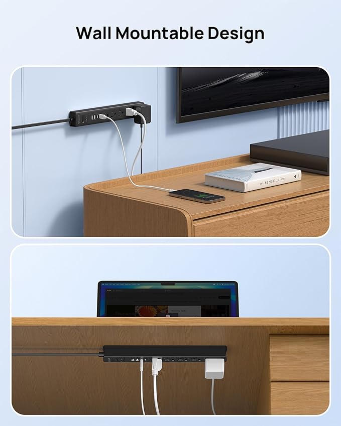 TROND Surge Protector Power Strip with 360° Rotating Flat Plug, 5 Widely Spaced Outlets with 2 USB C and 2 USB A, 1440J Surge Protector, Wall Mountable, Extension Cord 3ft for Home Office Dorm, Black