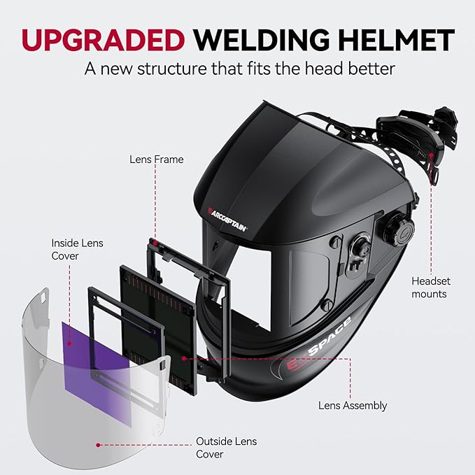 ARCCAPTAIN 3.94"X3.66" Welding Helmet Auto Darkening, 1/1/1/1 Top Optical Clarity Large Viewing Screen Solar Power Welding Hood with 4 Arc Sensor, Wide Shade 4-5/5-9/9-13 for TIG MIG ARC Welding CUT