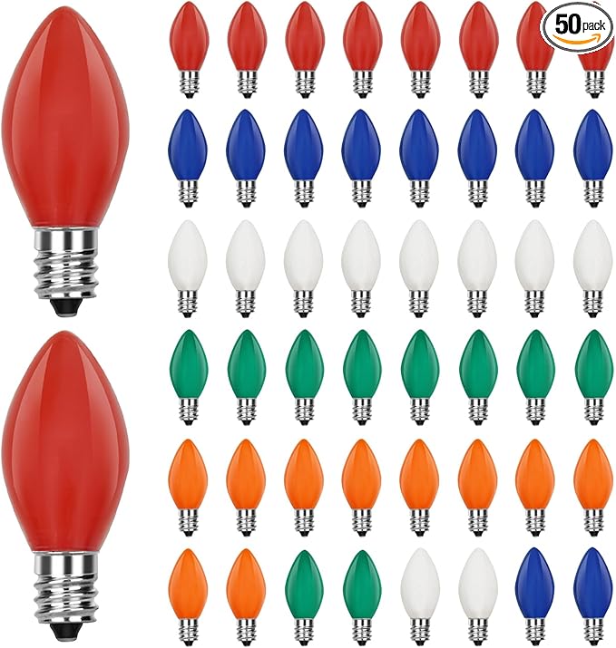 50 Pack C7 Christmas Replacement Bulbs, 5W Incandescent Multicolor Bulbs Waterproof, E12 Night Light Bulbs for Outdoor String Lights, for Porch Patio Garden Decor, Red, Blue, Green, Orange, White