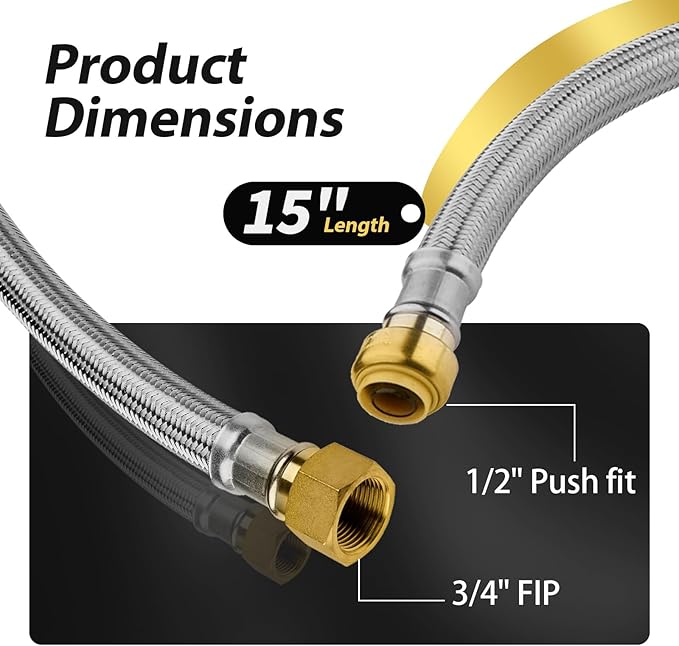 30 Pack Foskan 15-Inch Flexible Water Heater Connector Hose,with 1/2" Push-Fit x 3/4" FIP,Compatible with Copper, PEX, CPVC, and PE-RT Pipes for Water and Heating Use（15" Length）