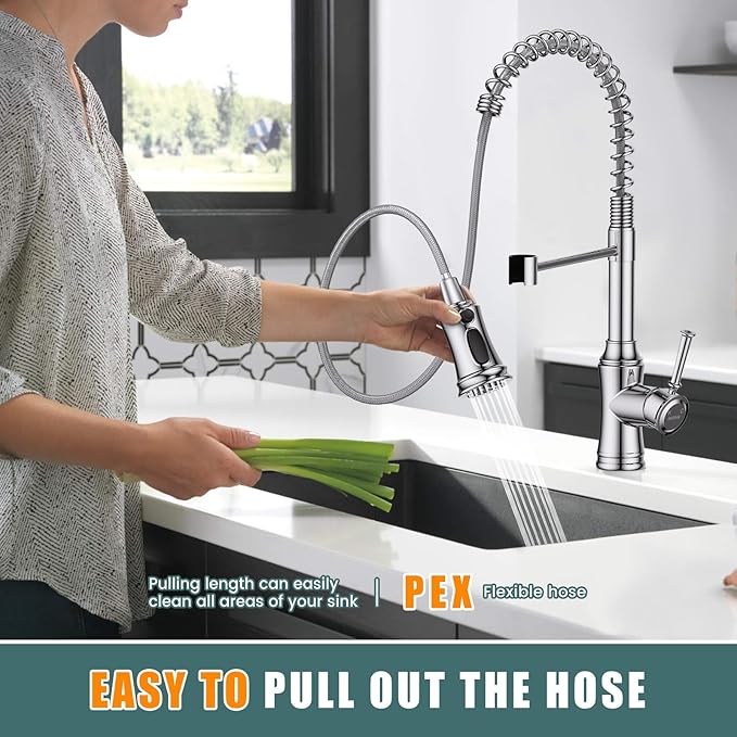 Kitchen Faucet with Pull Down Sprayer, Hurran Commercial Stainless Steel Kithcen Faucets, Single Handle Spring Faucets for Kitchen Sink, Sink Faucet for Farmhouse Wet Bar or RV, Chrome