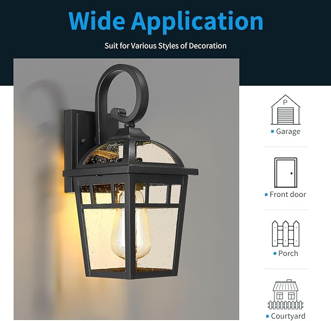 Front Porch Lights Outdoor Wall Lights Exterior Wall Sconce, Matte Black Exterior Light Fixtures with Seeded Glass Farmhouse Outdoor Lighting Fixtures for House Garage Porch Patio, 2 Pack