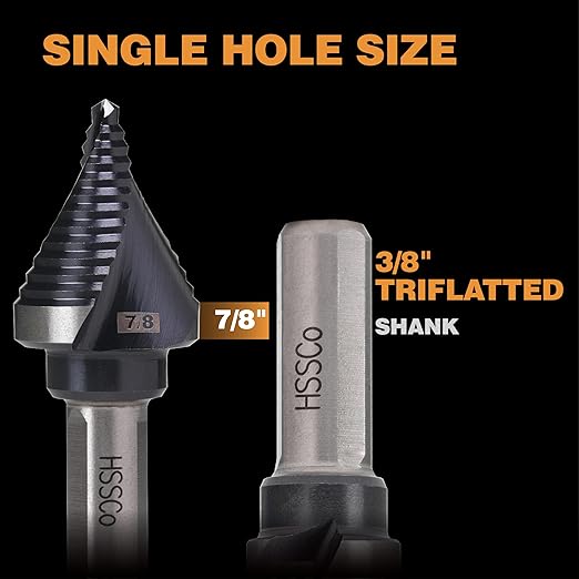M35 HSS 7/8 Inch Step Drill Bit, Single Size Unibit with Double Spiral Flutes for Drilling Small Holes on Stainless Steel, Metal, Wood, Plastic
