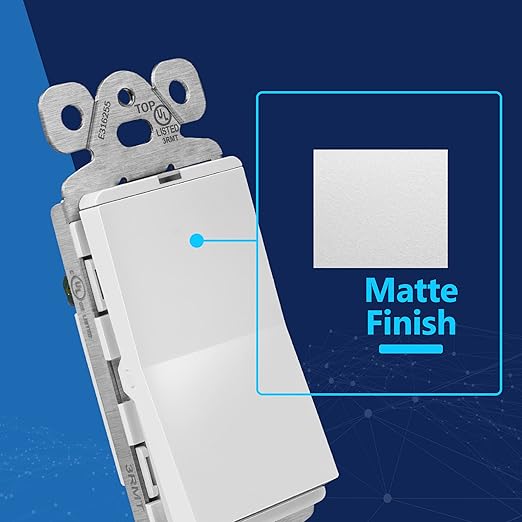 LIDER Minimalist Design Matte Finish Lighted Decorator Switch, Frameless Paddle Light Switch with Locator Light, Grounding Screw, 15A 125V, UL Listed, LS15-1P-W5P, White, 5 Pack