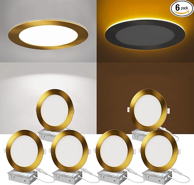ZYC Recessed Lighting 6 Inch - 12W 1100LM LED Recessed Ceiling Light with Night Light,2700K/3000K/4000K/5000K/6000K Selectable Ultra-Thin Lighting,Dimmable Canless Wafer Downlight,Pack of 6（Gold）.