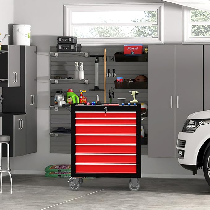 7-Drawer Rolling Tool Chest with Wheels, Tool Box with Locking System and Sliding Drawers, Tool Box Organizer for Garage, Warehouse, Workshop(BlackRed)