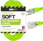 Iron Forge Cable Weatherproof 50 Ft Outdoor Extension Cord - 16/3 SJTW 13 Amp Heavy Duty Neon Green High Visibility Cable with 3 Prong - Lighted End