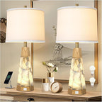 27" Natural Alabaster And Real Wood Table Lamp Set of 2 With Night Light Nightstand Lamps With USB Ports White Linen Fabric Shade Bedside Lamp Decor For Living Room Bedroom Home Office Hotel Bar House