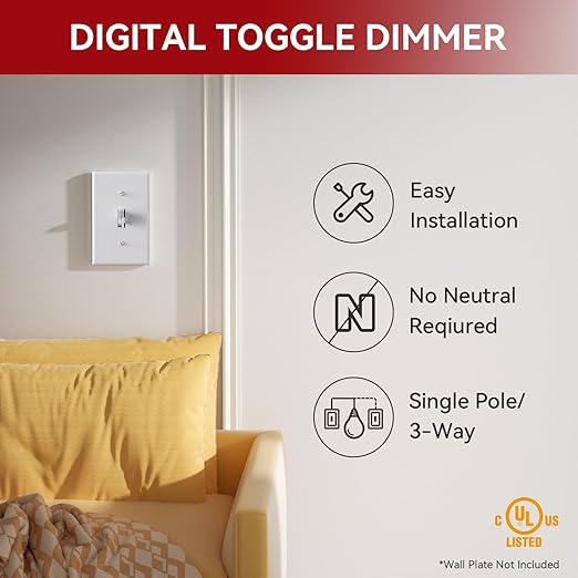 AIDA Toggle Slide Dimmer Switch for Dimmable LED Light/CFL/Incandescent 600 Watt max, Single-Pole or 3-Way, Rocker On/Off Wall Switch with Dimmer Slider, Wall Plate NOT Included, UL, White, 4 Pack