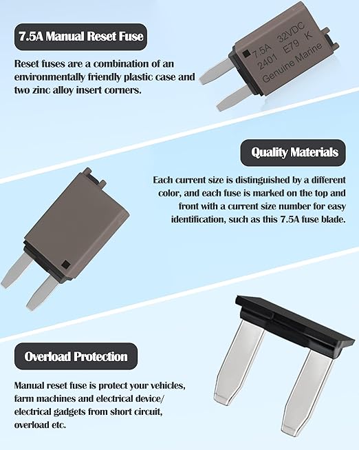 7.5A Low Profile Mini Car Fuse Kit– Automotive 7.5A ATM Manual Reset Circuit Breaker Fuses for Boat, RV, Truck, DC 12V/32V 7.5 Amp Manual Resettable Blade Assortment Kit with Resettable Fuses