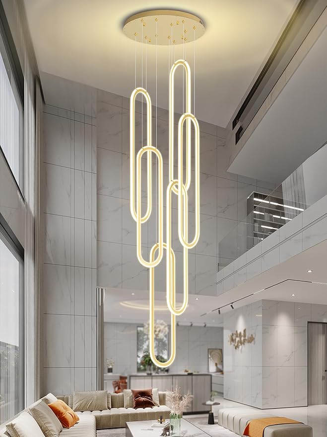Flashing God H138 Modern Chandelier 6-Rings Large Chandelier for High Ceiling Led Dimmable Ring Pendant Lighting Gold Contemporary Chandeliers for Villa Foyer Entrance Living Room
