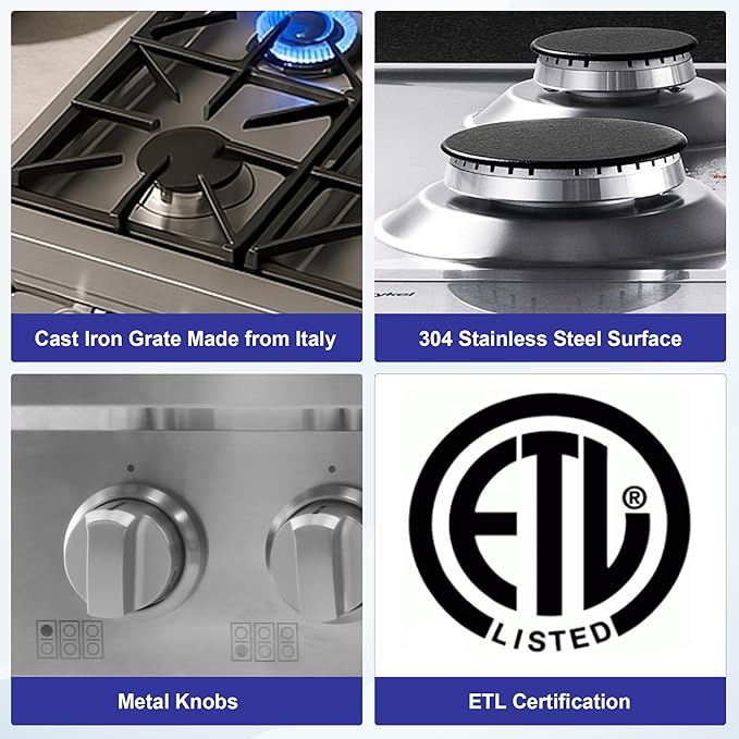 Awoco 36” Professional Stainless Steel Gas Cooktop, LPG/NG Convertible Gas Rangetop with 6 Sealed Burners, Stove top with cast iron grates Made in Italy & ETL Certified