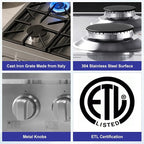 Awoco 36” Professional Stainless Steel Gas Cooktop, LPG/NG Convertible Gas Rangetop with 6 Sealed Burners, Stove top with cast iron grates Made in Italy & ETL Certified