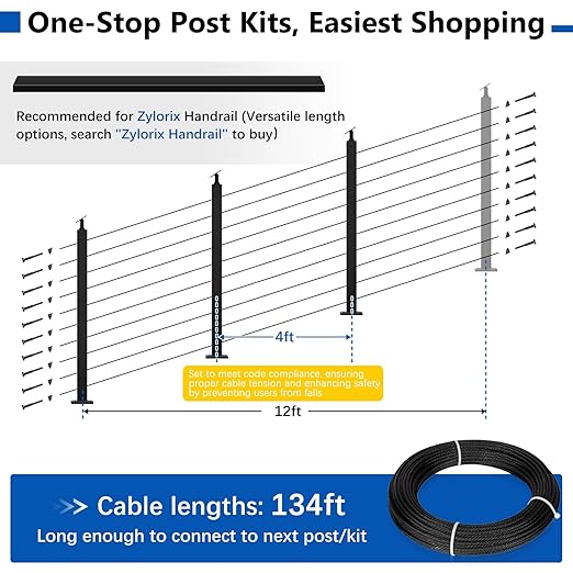 36" Expandable 8-12FT Black T304 Cable Railing Post Kit, Complete Cable Railing System with 3 Stair Posts, 134ft 1/8" Wire Rope(No Handrail), Adjustable Length Easy DIY for 25-35°Stairway