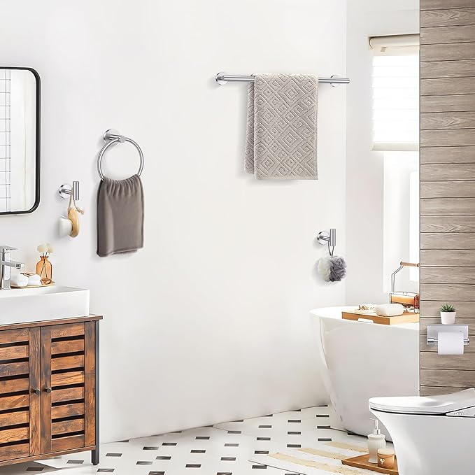 TQKAG 5 Piece Bathroom Towel Bar Holder Sets Brushed Nickel Bathroom Hardware Set Stainless Steel Toilet Paper Holder with Shelf Bathroom Accessories Kit Wall Mounted