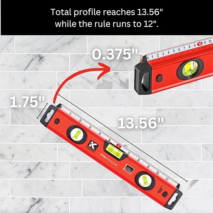 Kapro - 770 Exodus Professional Box Level - 12" - With 45° Vial & Ruler - For Leveling, Measuring, Marking, and Cutting - Features 3 Vials, Precise Straightedge, and Wall-Grip