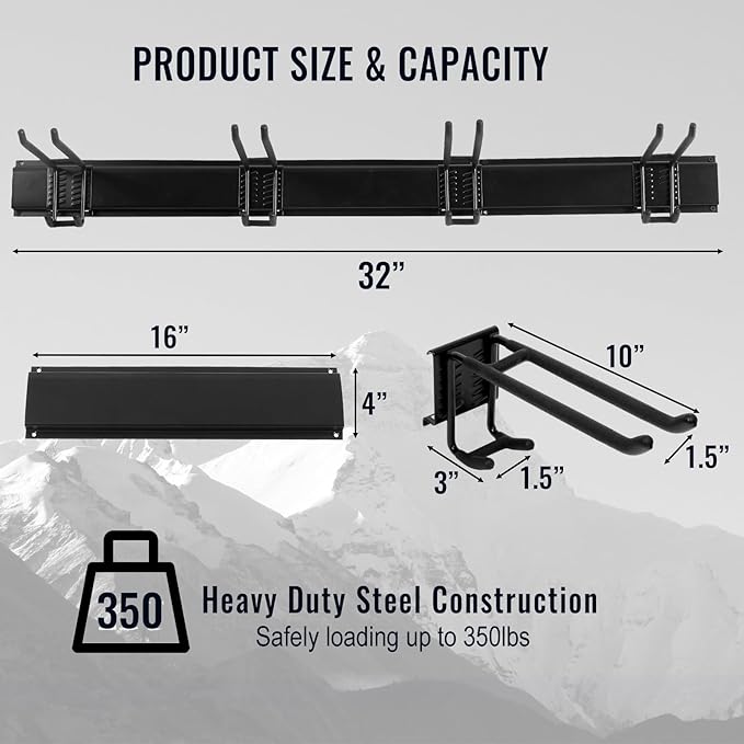 Wall Mount Tool Storage Rack, Heavy Duty Garage Storage Tool Organizer, Garden Tool Wall Hooks and Hangers, Hold Up to 350lbs (Black 6pcs)