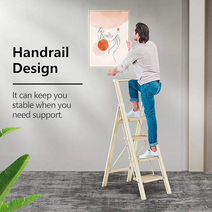 GameGem 4 Step Ladder Folding Step Stool Stepladders with Anti-Slip and Wide Pedal for Home and Kitchen Use Space Saving (White)