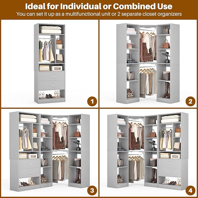 Corner Closet System with 2 Sets, 63.2" Corner Closet Organizer System with 2 Drawers + 18 Shelves + 3 Hanging Rods, Reversible L Shaped Walk-in Closets, Grey (63.2" L x 39.2" W x 80" H)