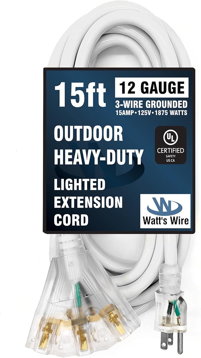 Outdoor Extension Cord Waterproof (15 ft) 12 Gauge Heavy Duty Extension Cord Splitter - Lighted Outdoor Extension Cords with Multiple Outlets - Watts Wire - 15' Grounded - extensiones electricas