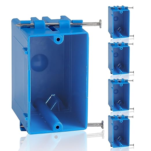 5-Pack Single Gang Electrical Box, New Work Box 1 Gang with Nail, 18 cu. in, Blue Switch & Outlet Wall PVC Electrical Junction Box for Residential Commercial Buildings Job Applications