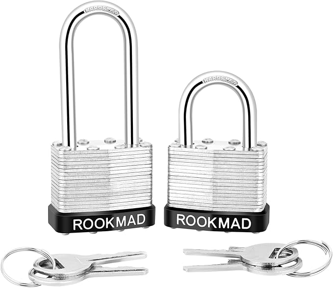 Keyed Padlocks, Laminated Steel Padlock, Keyed Alike Locks with Same Keys, Long Shackle, PE Plastic Hoop, The Lead Content of This Pad Lock complies with CA65, 50 Pack