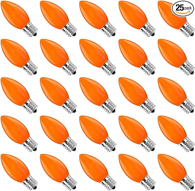 GOOTHY 25 Pack C9 Orange Halloween Replacement Light Bulb, C9 Orange Christmas Lights Bulbs for Halloween Outdoor Patio String Lights, E17 Intermediate Base Night Light Bulbs, 7 Watt, 120 Volt